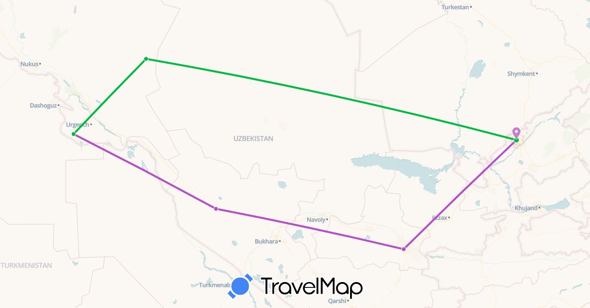 TravelMap itinerary: driving, bus, train in Uzbekistan (Asia)
